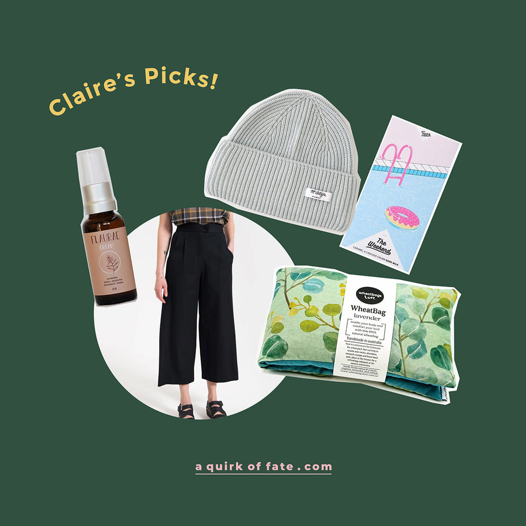 Claire's Top Picks of Products from A Quirk of Fate, including black tailored pants from Kuwaii made in Melbourne, botanical wheatbag by Wheatbags Love, and Hey Tiger chocolate