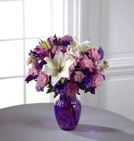 Chrysanthemums, LILIES, ALSTROMERIA, STOCK AND LISIANTHUS IN A VASE