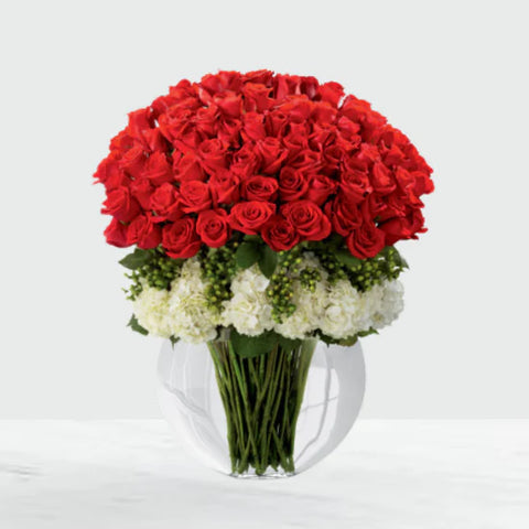 75 stems of red 24-inch premium long-stemmed roses, 7 stems of white hydrangea, 12 stems of green hypericum berries, and a superior clear glass pillow vase. Stands approximately 33-inches in height.