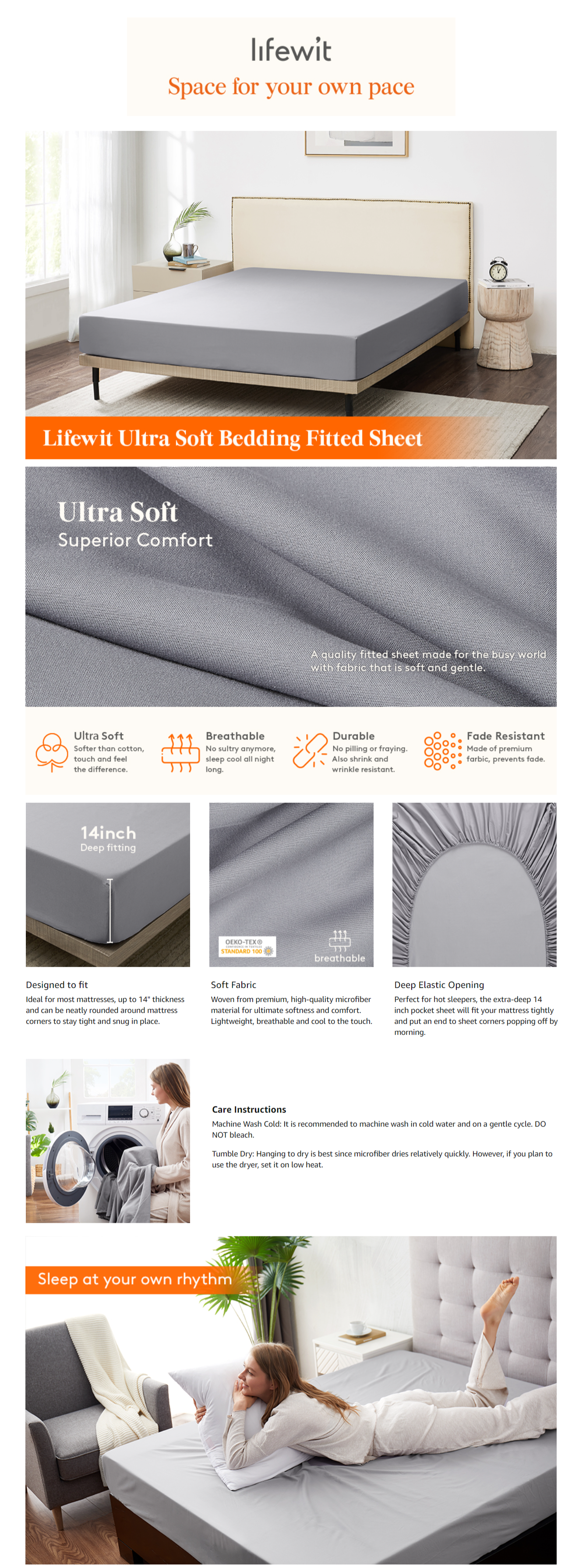 Lifewit Queen Fitted Sheet Ultra Soft Fitted Bottom Sheet Grey