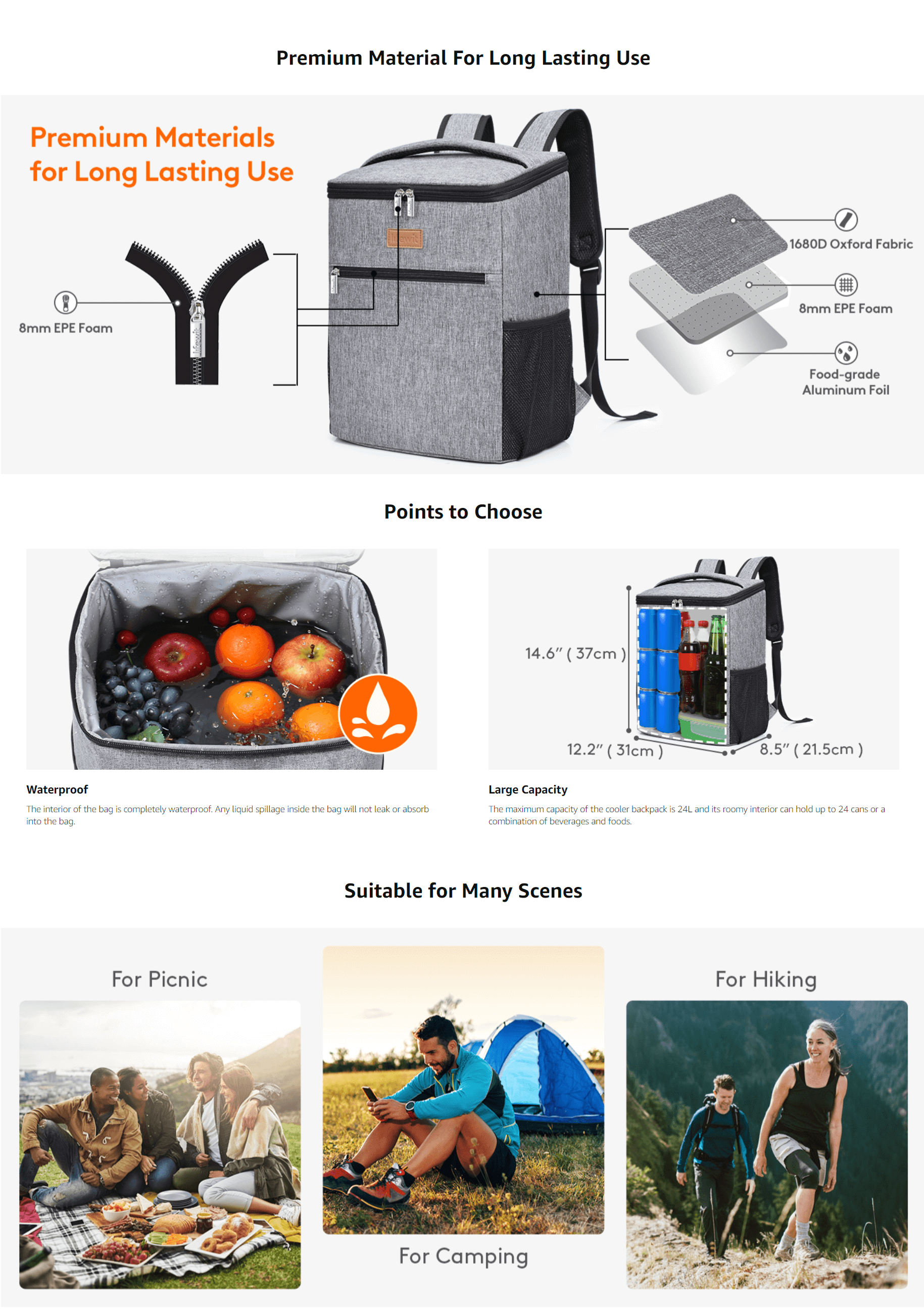 Lifewit Insulated Cooler Bag Backpack, Soft Cooler Soft-Sided Cooling –