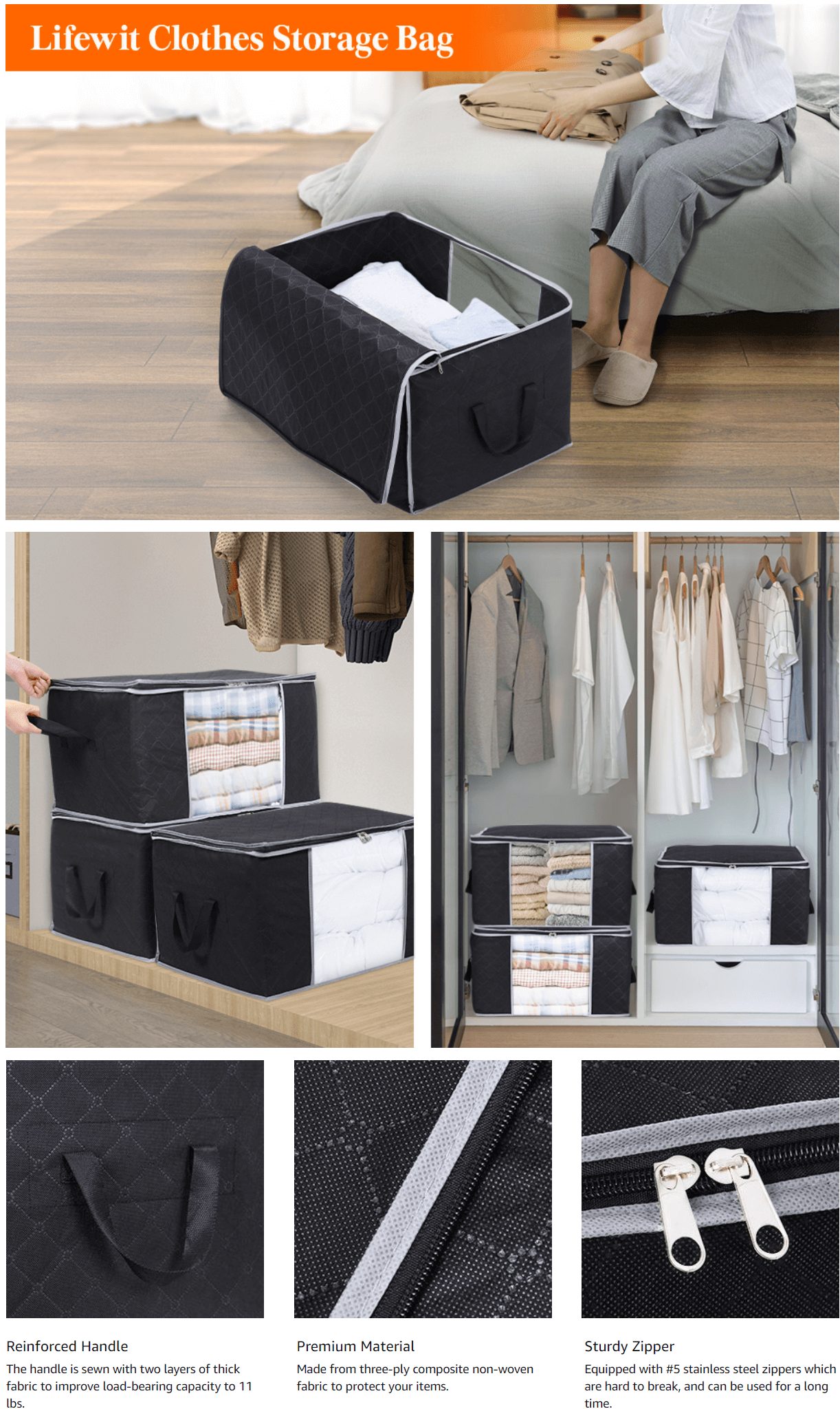 Lifewit 6-Pack Clothes Storage Bag, Storage Bins for Clothes, Blankets,  Comforters, 60L, Black 