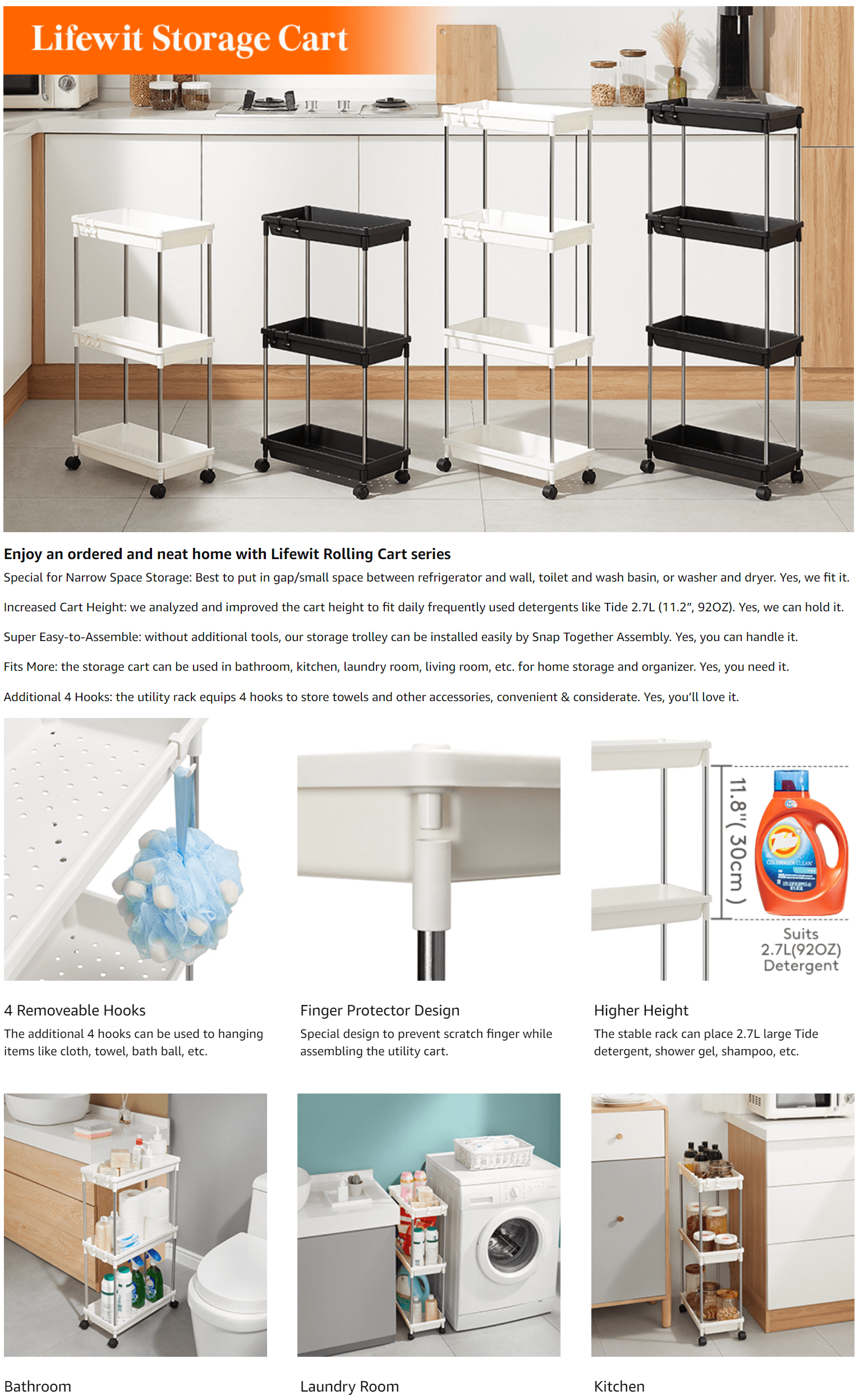 3 Tier Slim Rolling Cart on Wheels - Lifewit – Lifewitstore