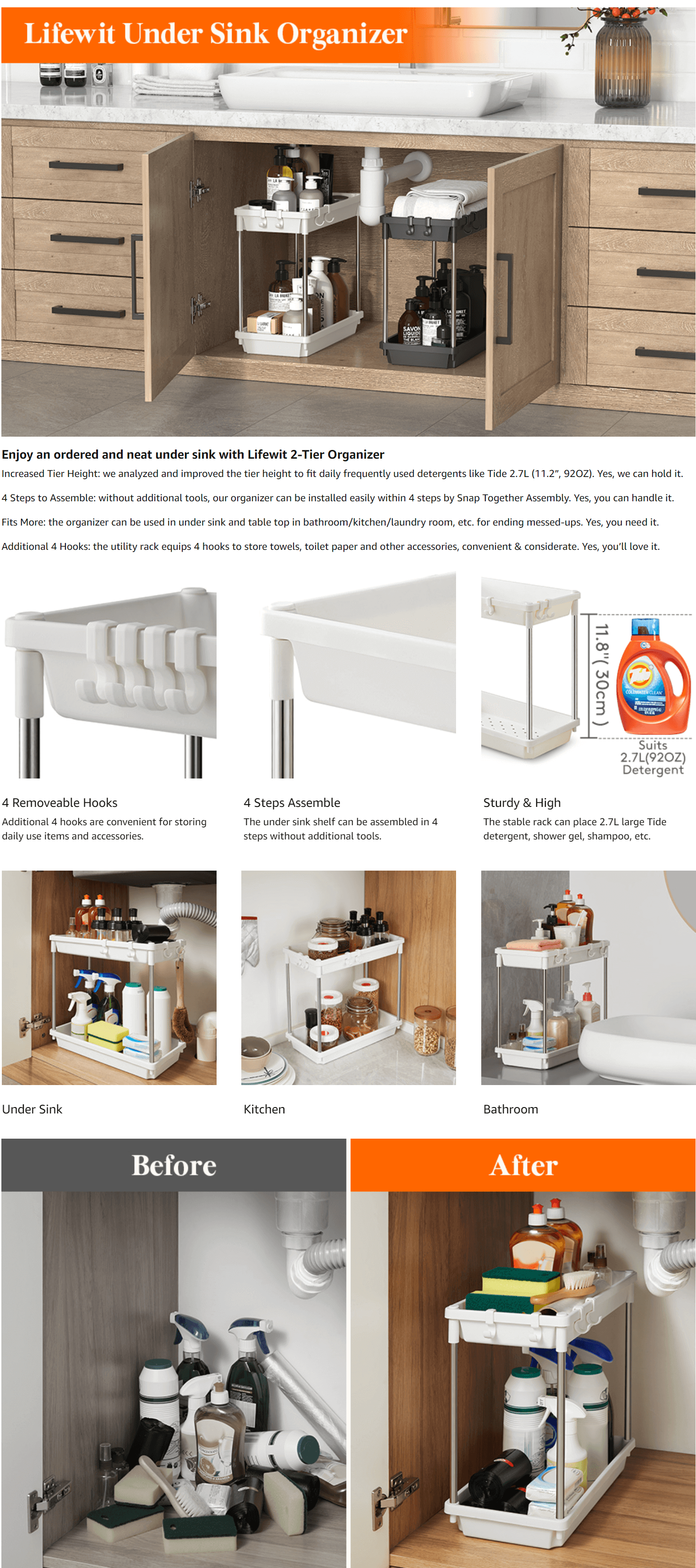 Lifewit 2 Tier Under Sink Organizer with 4 Hooks Space Saving Shelf Rack  White 