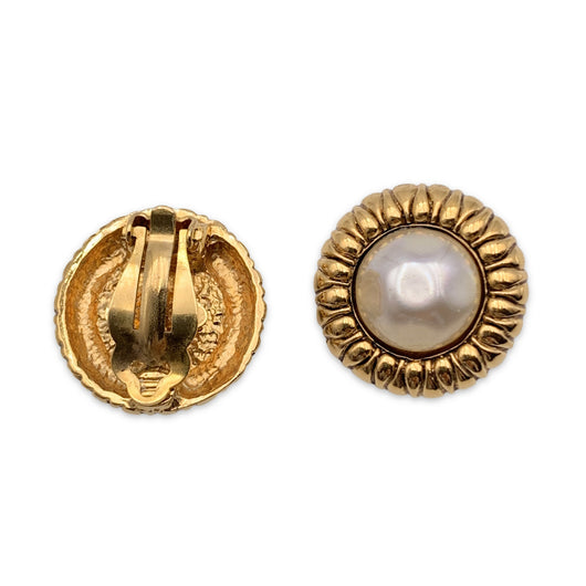 Chanel Vintage Round Gold Metal Pearl Clip On Cabochon Earrings