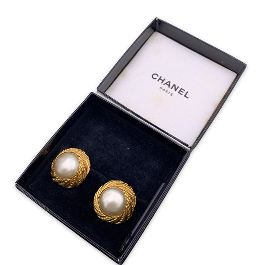 Chanel Vintage Round Clip On Gold Metal Pearl Cabochon Earrings