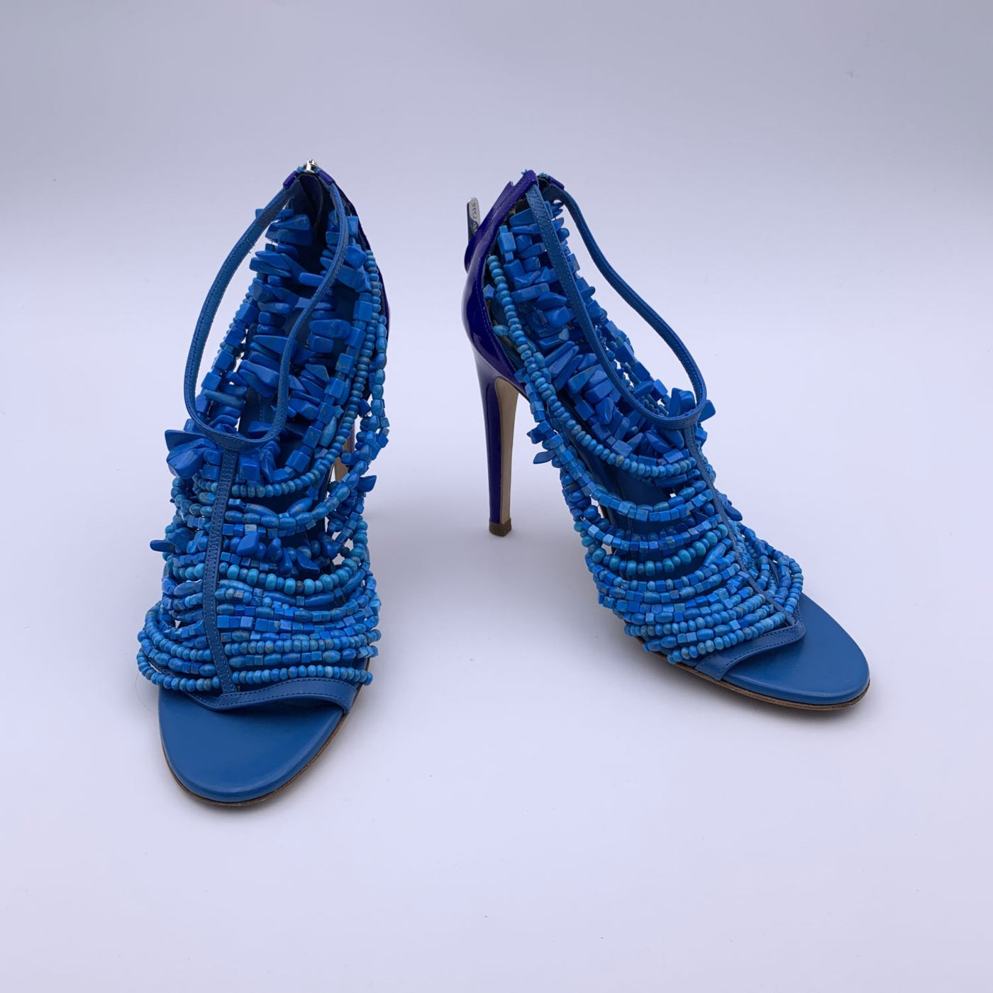 Sergio Rossi Blue Leather and Beads Cage Heeled Sandals Size 36