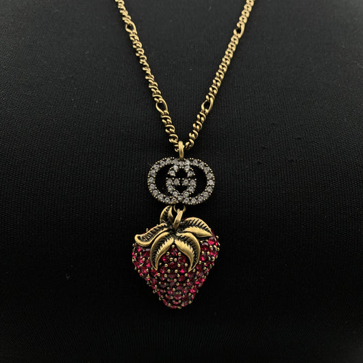 Gucci, Jewelry, Gucci Aged Gold Metal Strawberry Necklace With Gg Logo  Pink Crystals