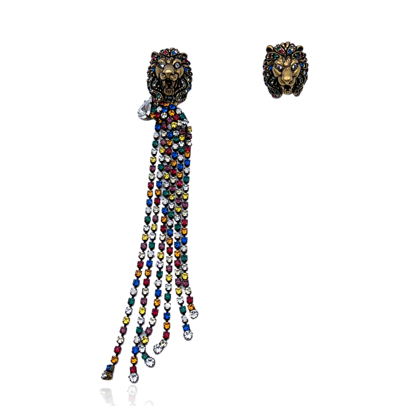 Gucci Lion Head Asymmetric Cascade Earrings With Multicolor Crystals – OPA  Vintage