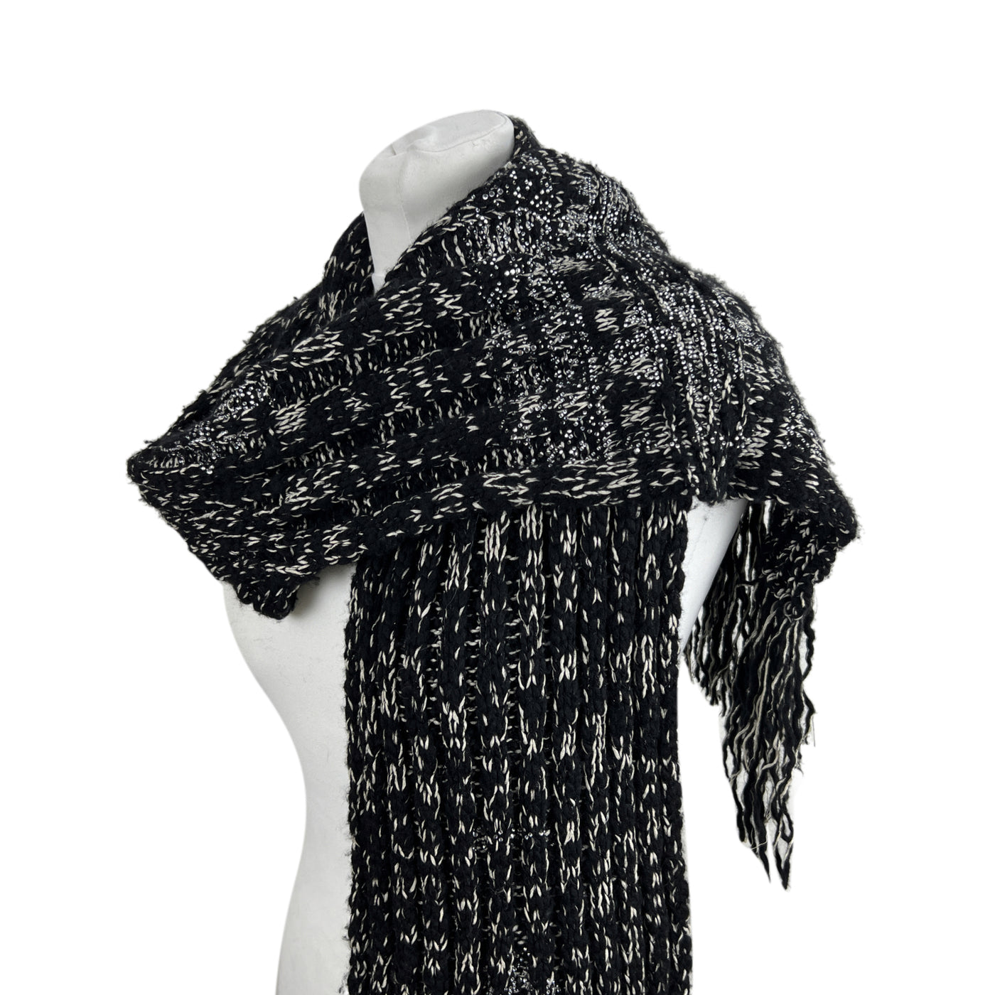 Chanel Black White Wool Cashmere Fringed Scarf with Rhinestones – OPA  Vintage