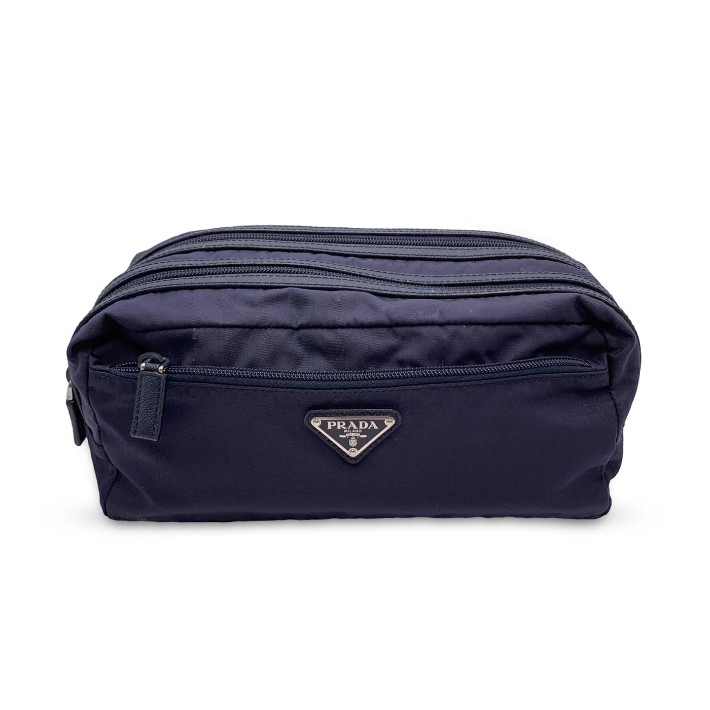 Prada Navy Blue Nylon Canvas Double Zip Pouch Cosmetic Bag – OPA Vintage