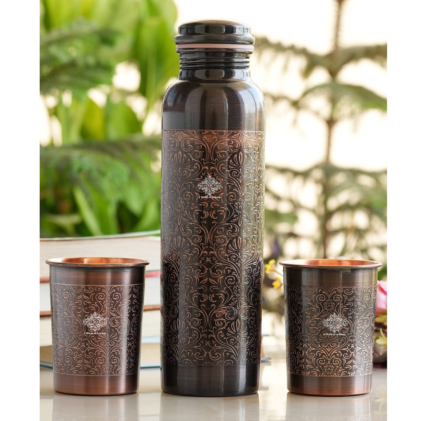 Indian Art Villa Antique Copper Finish Embossed Design Bottle with 2 Copper Glass Gift set