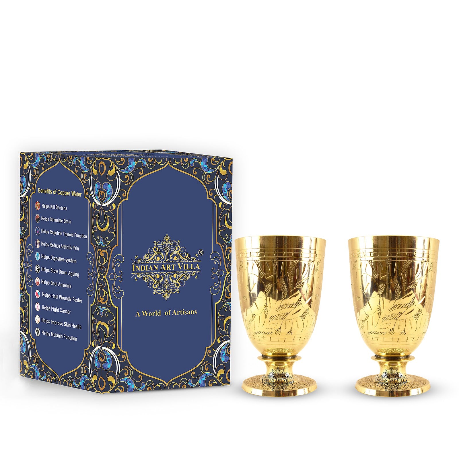 Indian Art Villa Pure Brass Embossed leaves Design Glass with Bottom Stand | Drinkware | 350 ML