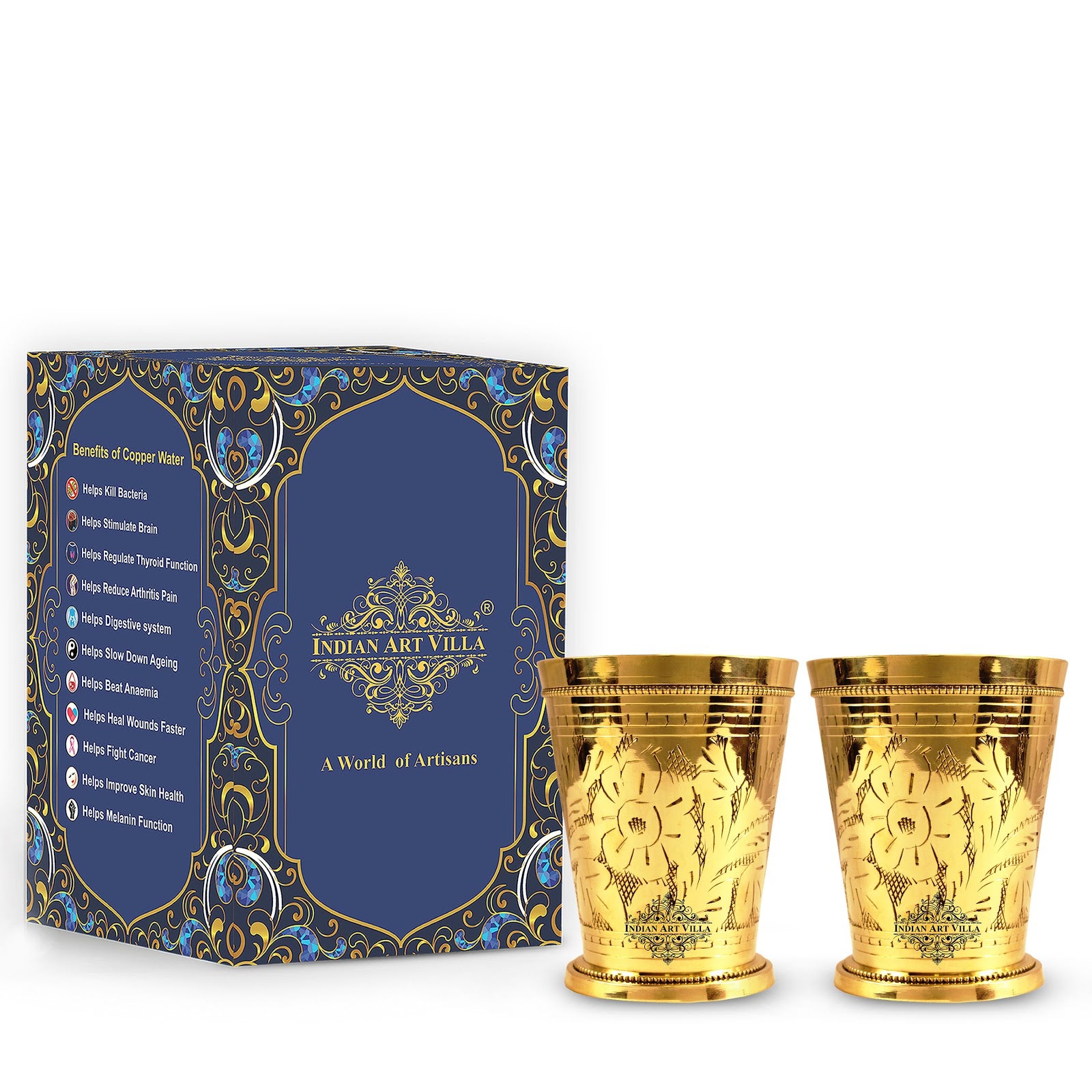 IndianArtVilla Handcrafted Pure Brass Flower Design Julep Glass, Drinkware, Serveware -10.14 Oz