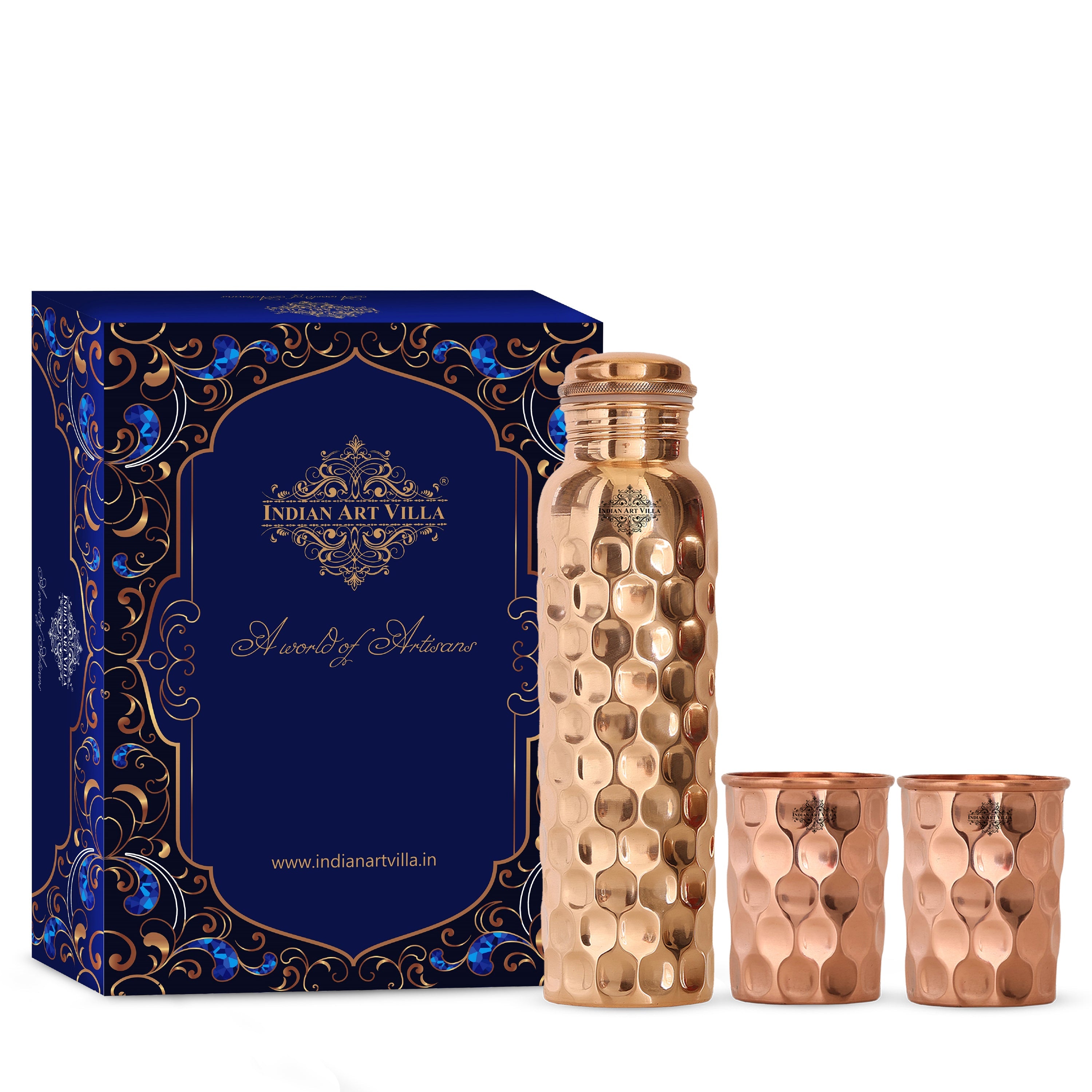 Indian Art Villa Pure Copper Drinkware Gift Set of Diamond Hammered Design 1 Bottle & 2 Glass With Royal Blue Gift Box, Bithday & Parties, Bottle & Glass