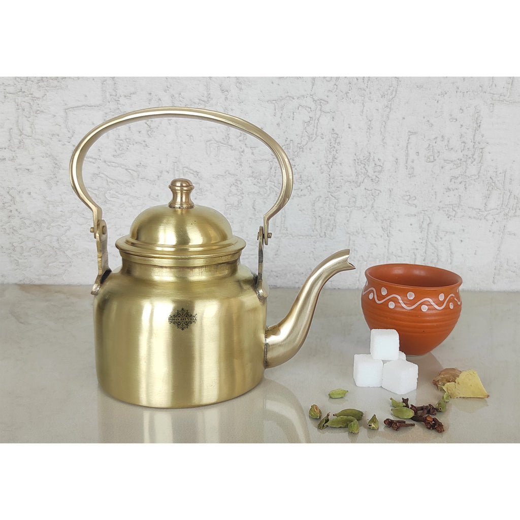 Indian Art Villa Brass Mughlai Style Teapot with Lid & a Designer Handle,  Engraved Leaves Design | Serveware | Tableware | 650 ml