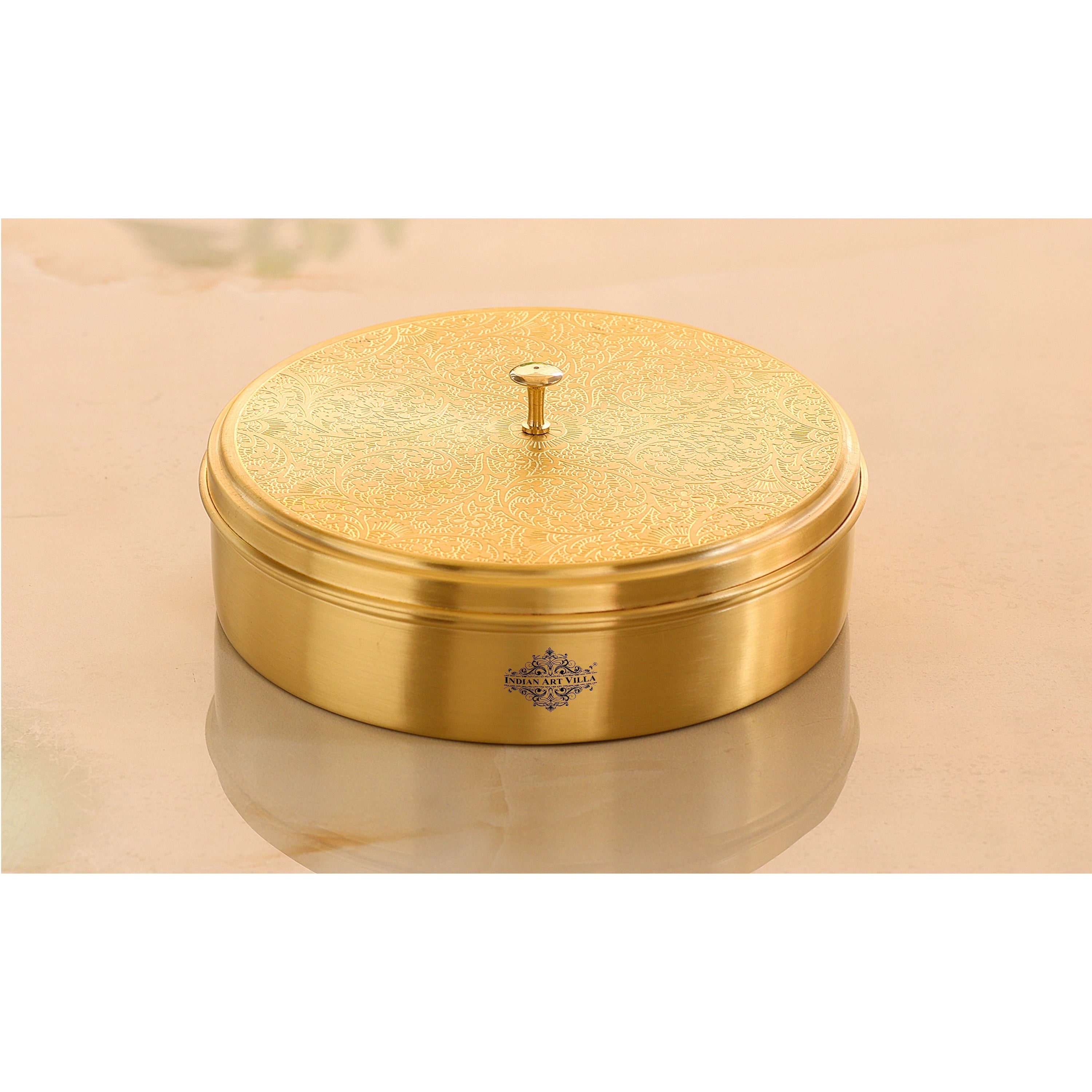 Indian Art Villa Brass Embossed Masala Box, Spice Container with 7 Compartments, Kitchenware