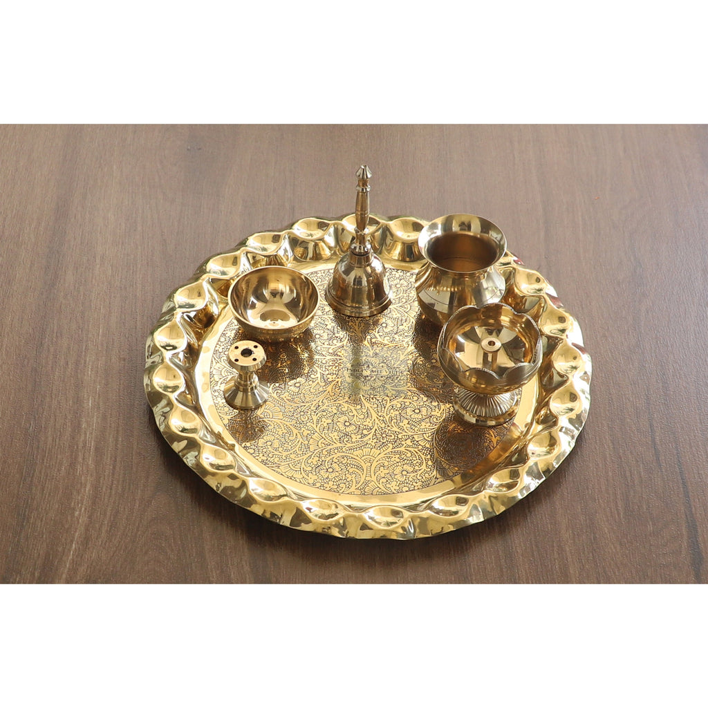 Indian Art Villa Pure Brass Pooja Thali Set with Floral Vines Embossed  Design, Religious Spiritual Item, Home Temple, DIameter-10.1 Inch