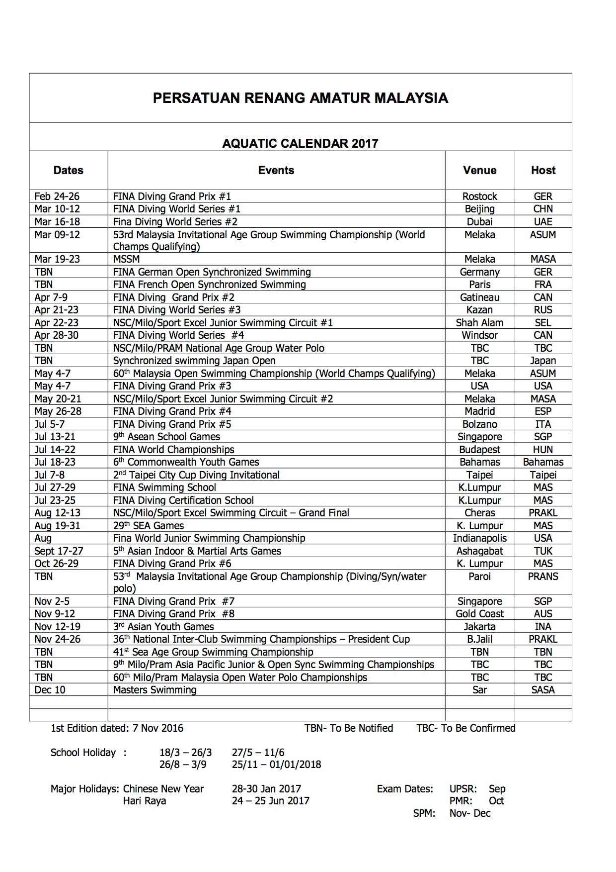 ASUM Aquatic Calendar 2017