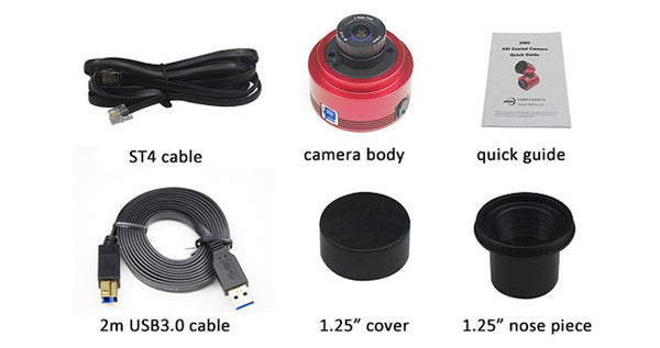 ZWO ASI462MC Color Planetary Camera includes the camera and body, ST4 cable, quick guide, 2m USB3.0 cable, 1.25-inch cover, and 1.25-inch nose piece. There are three columns that contain two items in each.