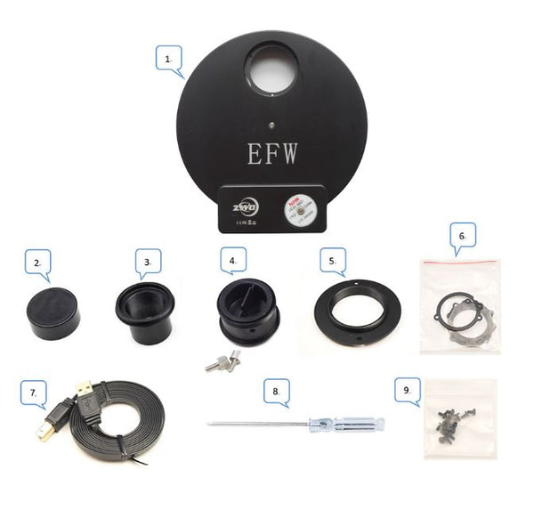 ZWO Electronic 7 Position Filter Wheel - items included.