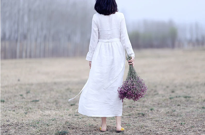 Linen long sleeves Dress Women Linen Midi dress fall spring linen