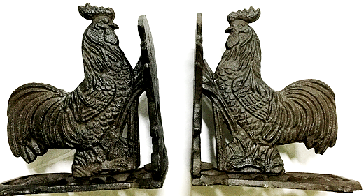 cast iron bookends rooster heads