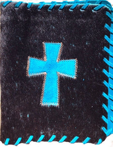 Genuine Cowhide Bible Cover With Cross Black Turquoise Wild