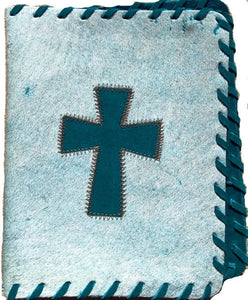 Genuine Cowhide Bible Cover With Cross White Turquoise Wild