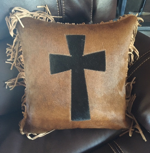 Western Cowhide Accent Pillow With Cross Fringe Wild West Living