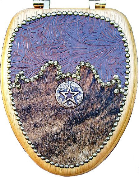 Western Scroll Top Star Leather Cowhide Toilet Seat Wild West