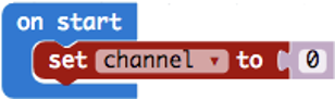 MakeCode microbit block code to set the radio channel variable to 0 when the microbit starts