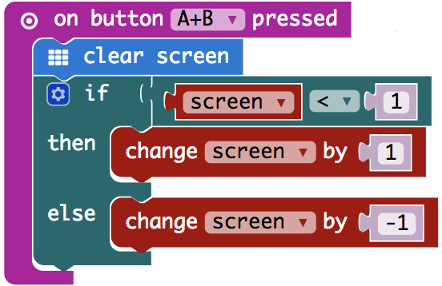 MakeCode microbit block code to change the screen variable when both the A and B buttons are pressed simultaneously