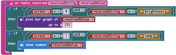 MakeCode microbit block code to receive radio data and store it in a variable and display selected information on the LED matrix