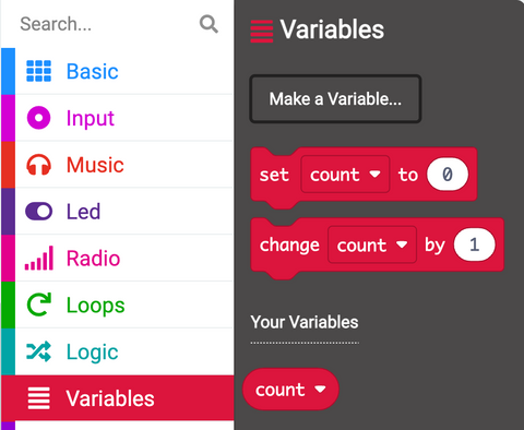 Create count variable in MakeCode for microbit