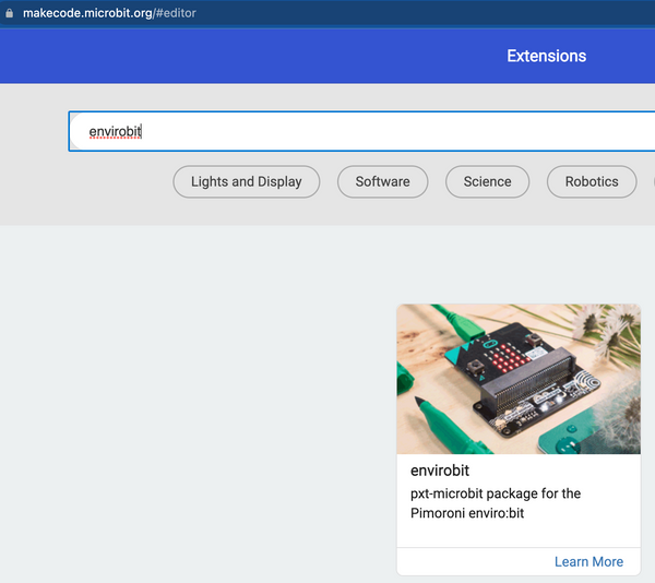 Search and install envirobit extension in makecode for microbit