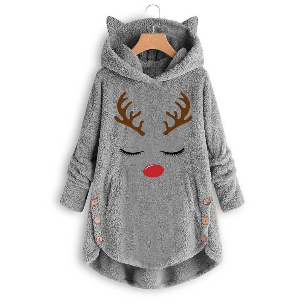 Deer Warm Fleece Button Hoodie - Well Pick