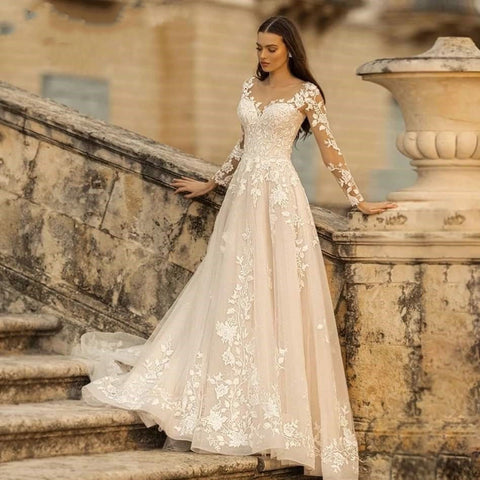 ELEGANT O-NECK LACE A-LINE BOHO LONG SLEEVES WEDDING DRESS