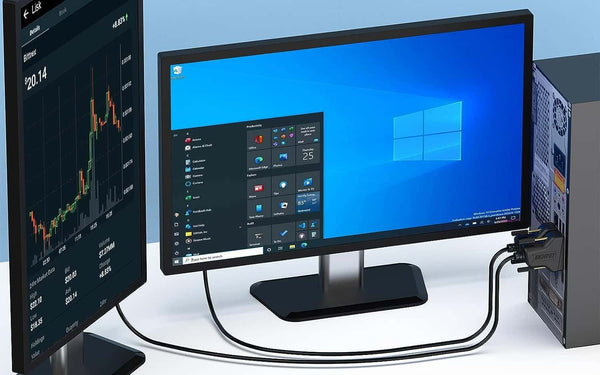 Connecting monitors to a PC via DVI cables.