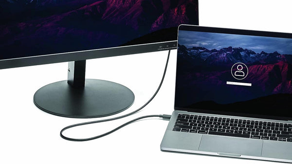 Connecting a USB-C port of a laptop to an external monitor via DisplayPort alt mode cable.