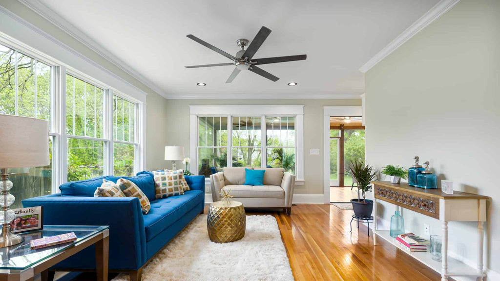 Ceiling fan in a living room that helps to provide good air circulation.