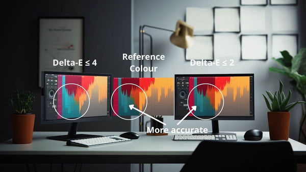 A comparison between two monitors with different Delta-E colour ratings. The lower the Delta-E value, the closer the colours are compared to a reference image or photo. It also means lower discrepancy in colours.