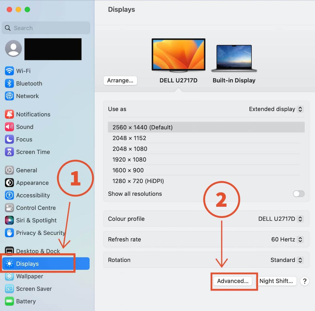 Navigating to advanced settings in displays on macOS
