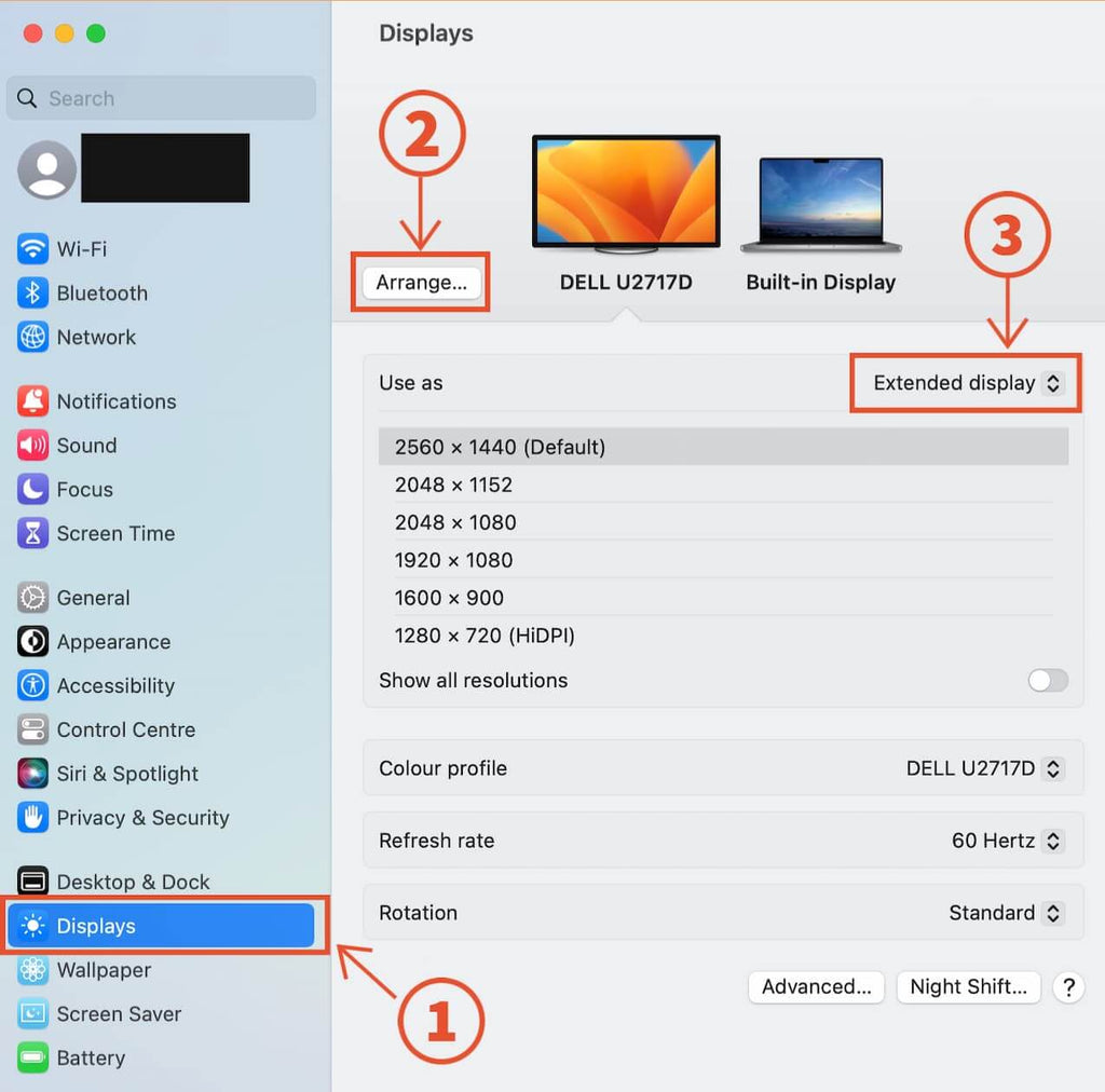 navigating to display settings on macOS Ventura