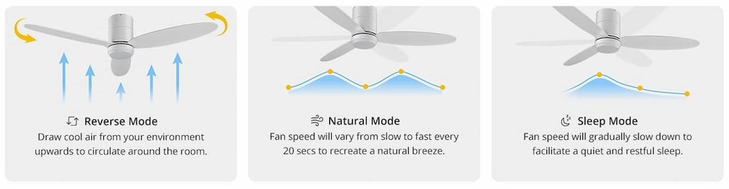 The PRISM+ Oasis ceiling fan has 3 different modes: Reverse, natural, and sleep mode.
