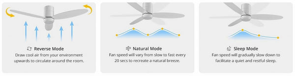 Smart ceiling fans like the PRISM+ Oasis has different modes which cater to different needs. These options cater for better personalisation and different purposes.