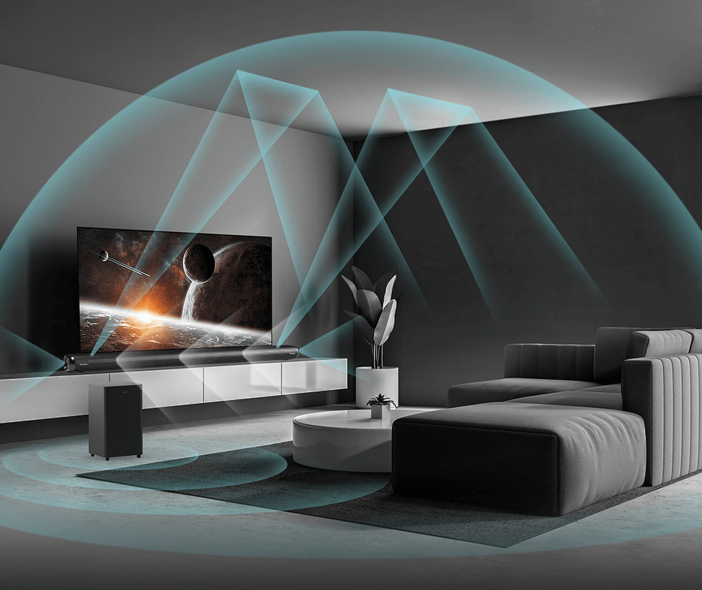 Dolby Atmos soundbar creating surround sound experience at home