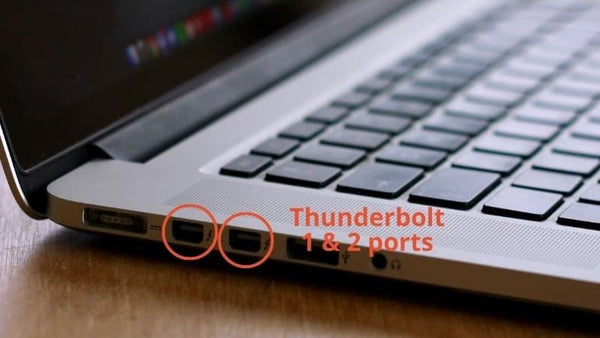 Thunderbolt 1 and 2 ports of a older MacBook laptop model.