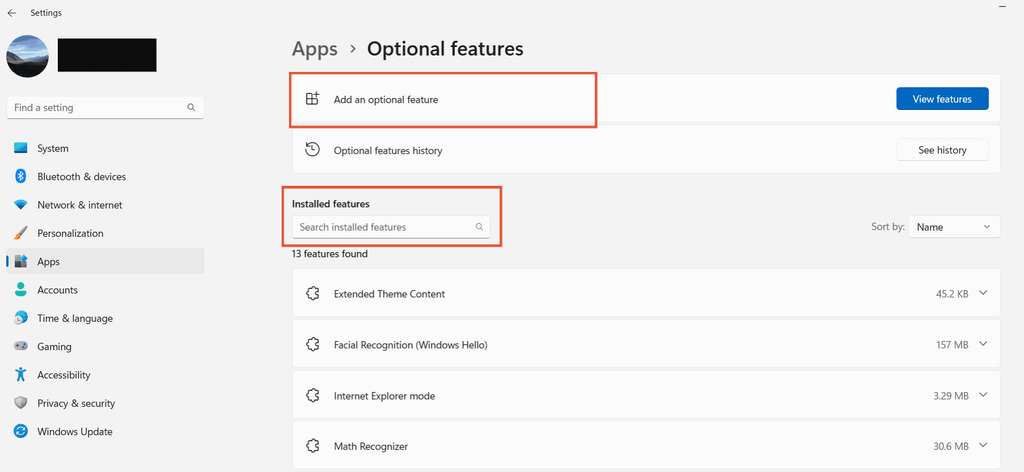 Add optional feature in Windows settings