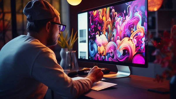 A professional digital artist using the RGB colour gamut to design graphics on his monitor screen.